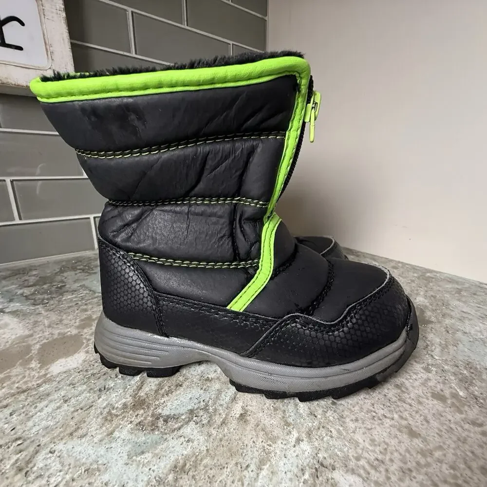 Wonder Nation Kids Snow Boots 10‎ Zip Up Fleece Water Resistant Black Neon Green